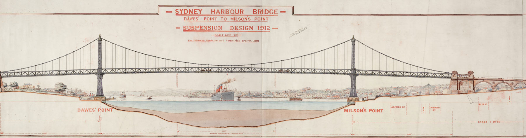 Sydney Harbour Bridge, Dawes' Point to Milson's Point, suspension design 1912 ... for tramway, vehicular and pedestrian traffic only. [and] (Cross section near tower), 1912 / J. J. C. Bradfield
