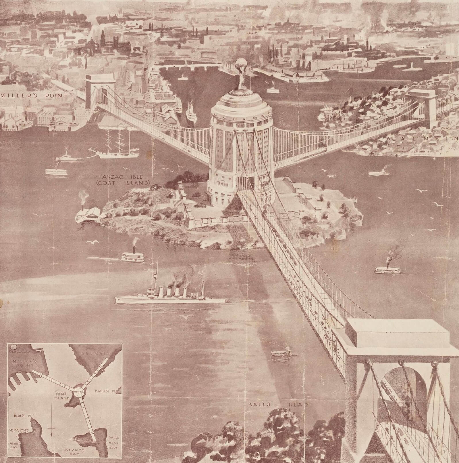 Sydney Harbour Bridge by Ernest Stowe, 1922 Design drawing from Cuttings mainly regarding suggestions for a second harbour bridge in Sydney, MLMSS 1381/Box 2/Item 15
