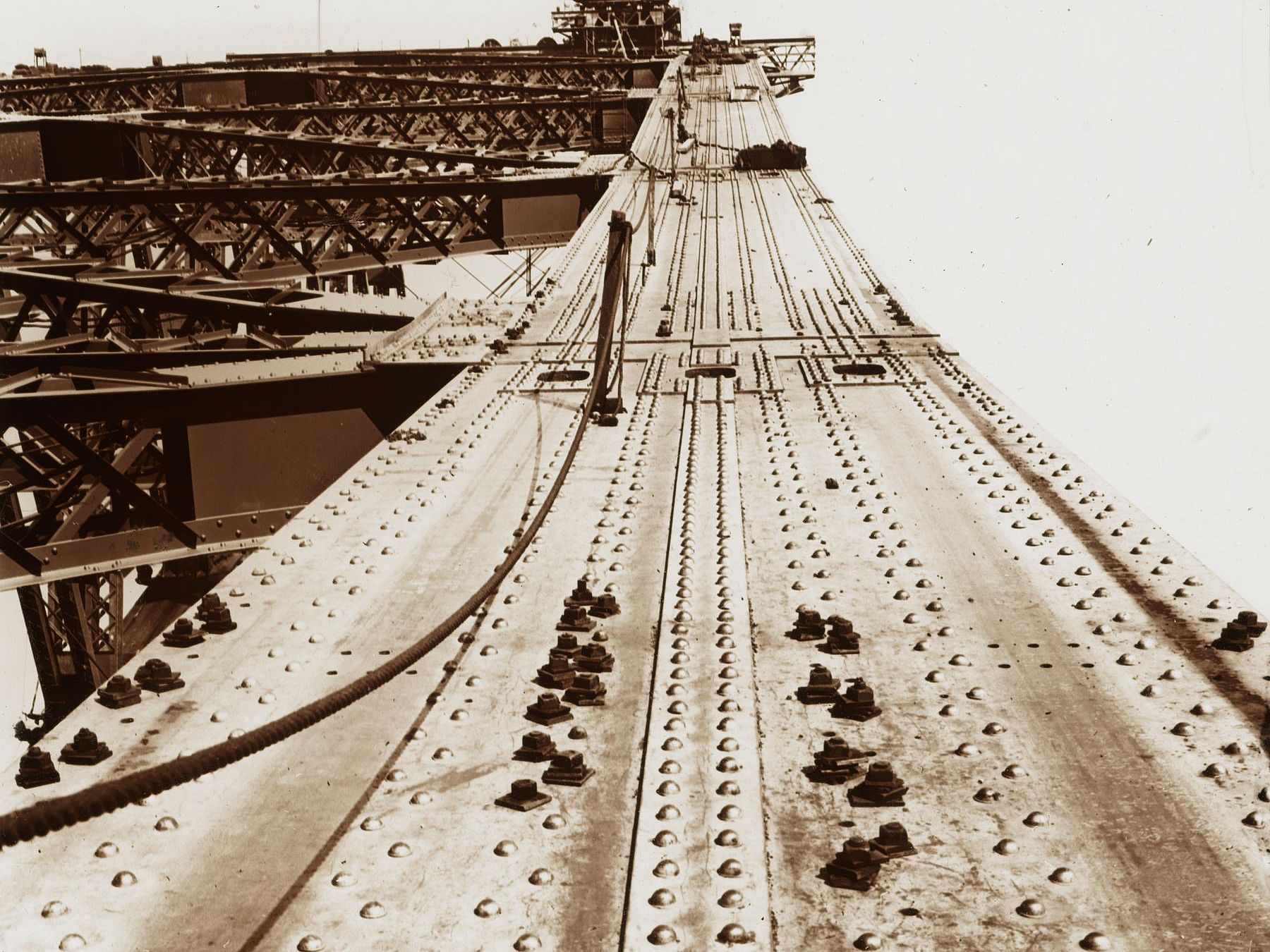 Looking up the top chord of the arch, photo and slide by Rev. Frank Cash. Item 02: Box 7 Slides of Harbour Bridge during construction, ca. 1930-1932
