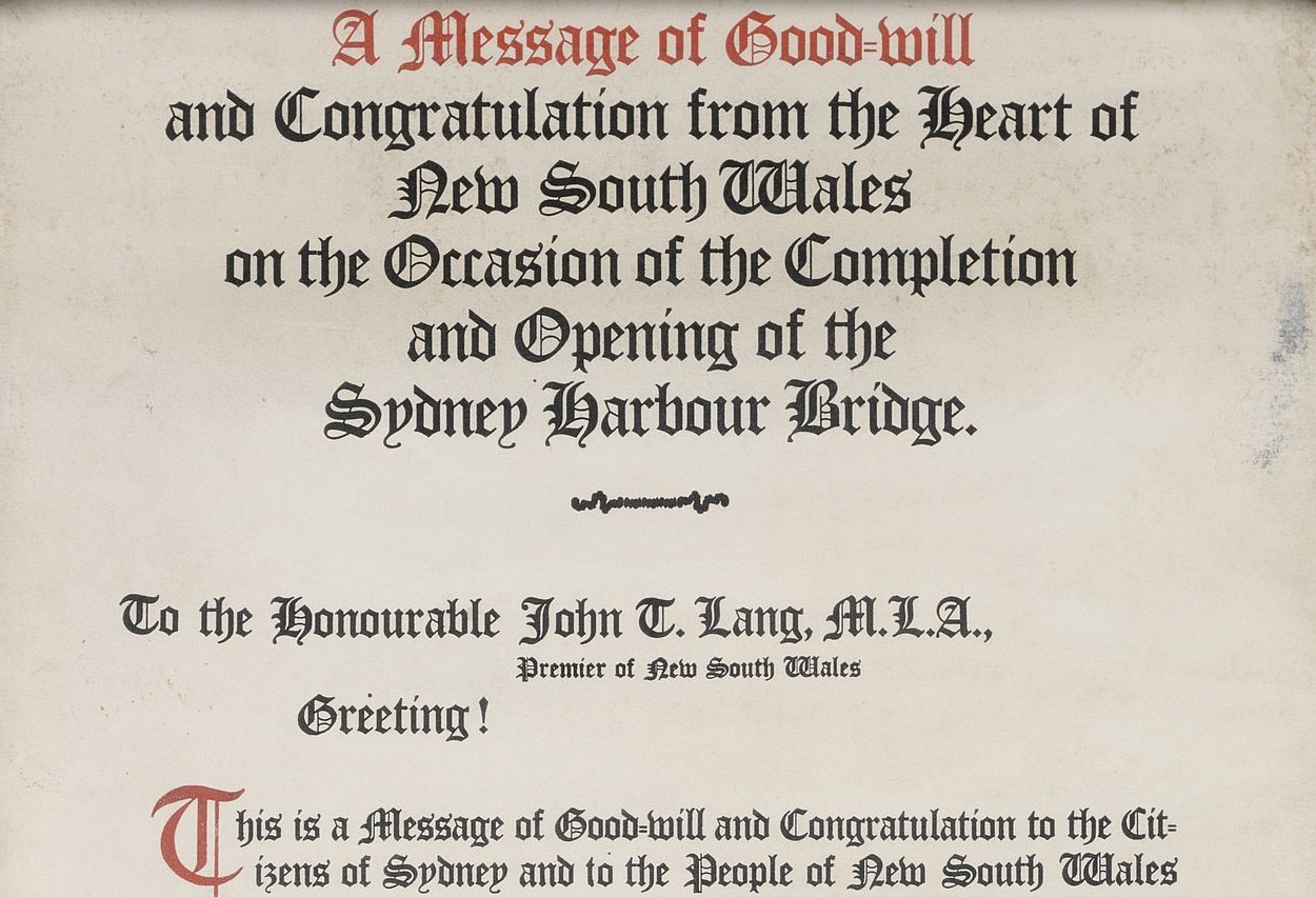 A message (scroll) of goodwill and congratulation, on the occasion of the completion and opening of the Sydney Harbour Bridge, objects, 1932, R 119
