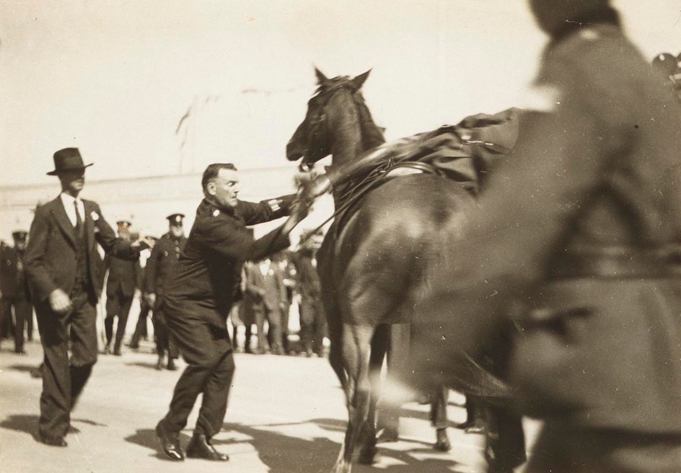 Taken as Capt. de-Groot was dragged off his horse, photograph, from Major Francis Edward De Groot - Papers: Vol. 2 - Opening of Sydney Harbour Bridge, no 10 1932, A 4946
